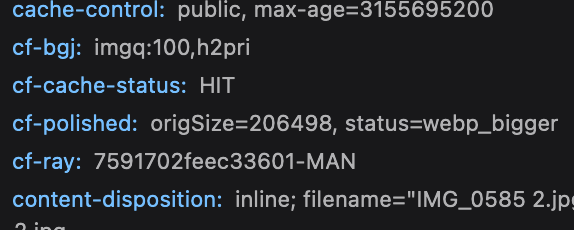 Image network headers showing a cloudflare CDN cache hit