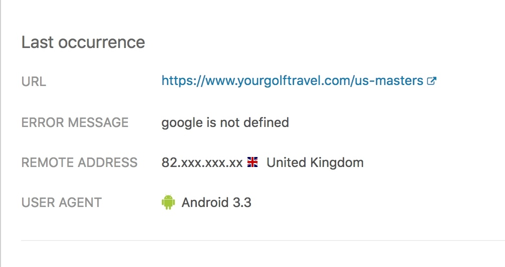 Image showing an Airbrake error. window.google not available on page load